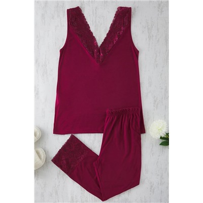 Trendyol Curve Bordo V Yaka Dantelli Örme Pijama Takımı TBBSS25AI00111