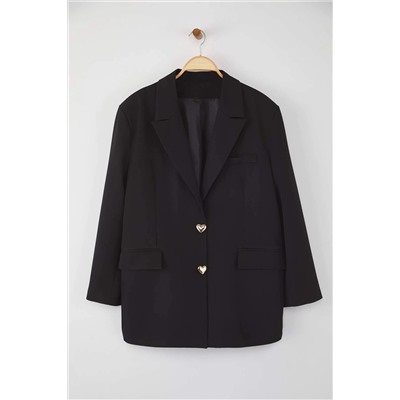 Siyah Oversize/Bol Kesim Düğmeli Dokuma Büyük Beden Blazer Ceket TBBAW26AG00008