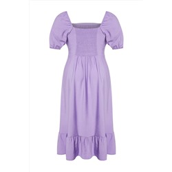 Lila Kare Yaka Eteği Fırfırlı Balon Kol Maxi Dokuma Elbise TBBSS24AH00066
