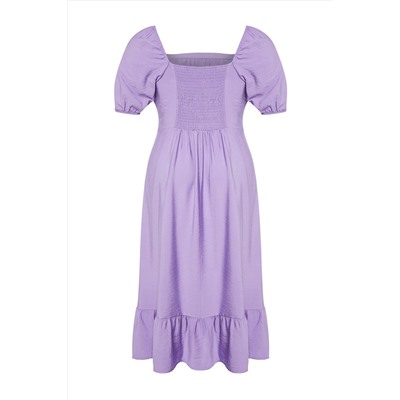 Lila Kare Yaka Eteği Fırfırlı Balon Kol Maxi Dokuma Elbise TBBSS24AH00066
