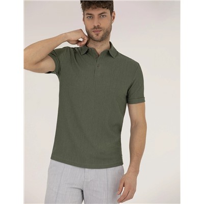 Haki Slim Fit Dokulu Polo Yaka Tişört