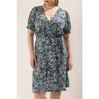 Mavi A-Kesim/Çan Çiçekli Dokuma Elbise TBBSS24AH00122