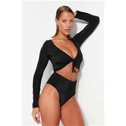 TRENDYOLMİLLA Siyah V Yaka Cut Out/Pencereli Uzun Kollu High Leg Mayo TBESS23MA00018