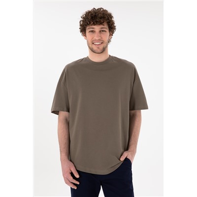 Erkek Long Fit Bisiklet Yaka Vizon Basic Tişört