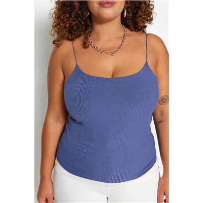İndigo Spagetti Askılı Crop Fitilli Örme Büyük Beden Bluz TBBSS23AF00013