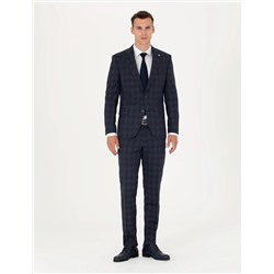 Lacivert Ekose Yün Karışımlı Ekstra Slim Fit Takım Elbise