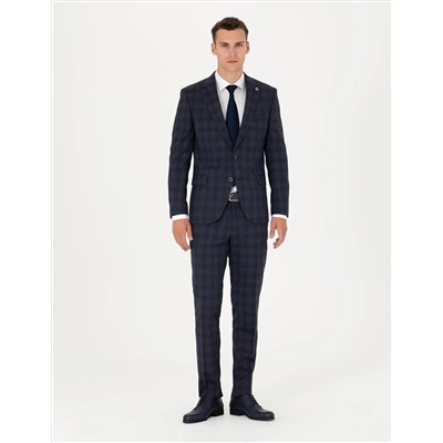 Lacivert Ekose Yün Karışımlı Ekstra Slim Fit Takım Elbise