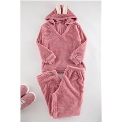 Pembe Wellsoft/Peluş Kapüşonlu Kulak Detaylı Örme Pijama Takımı TBBAW25AI00021