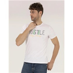 Beyaz Slim Fit Baskılı Bisiklet Yaka Tişört