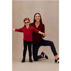 Kadın Bordo V - Yaka Basic Kazak