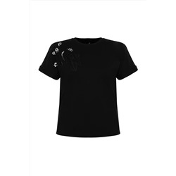 Siyah Brode Detaylı Basic %100 Pamuk Örme T-shirt TBBSS24BF00055