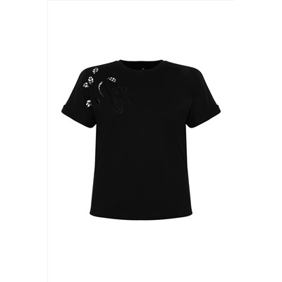 Siyah Brode Detaylı Basic %100 Pamuk Örme T-shirt TBBSS24BF00055