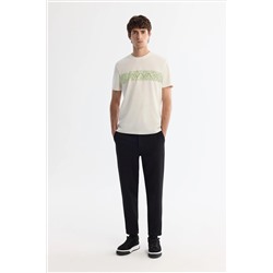 Ekru Bisiklet Yaka İnterlok Elastan T-Shirt