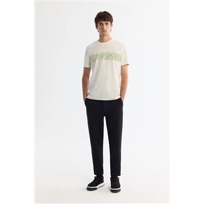 Ekru Bisiklet Yaka İnterlok Elastan T-Shirt