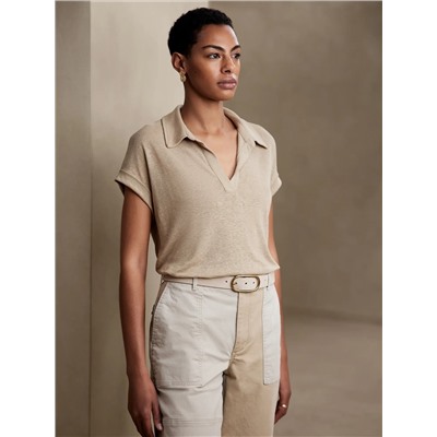 LINEN-BLEND JOHNNY-COLLAR TOP
