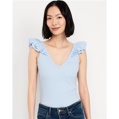 Ruffle-Trim Mixed Material Top