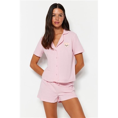 TRENDYOLMİLLA Açık Pembe Ayıcık Nakışlı Gömlek-Şort Örme Pijama Takımı THMSS23PT00012