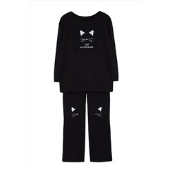 Siyah Kedi Baskılı %100 Pamuk Örme Pijama Takımı TBBAW25AI00004