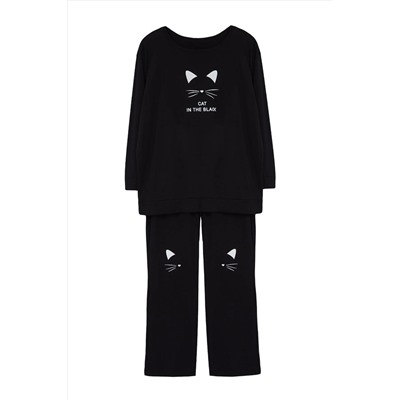 Siyah Kedi Baskılı %100 Pamuk Örme Pijama Takımı TBBAW25AI00004