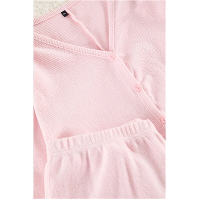Pembe Fırçalı Soft Fitilli Hırkalı Örme Pijama Takımı TBBAW25AI00089