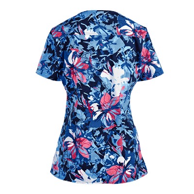 White Cross Scrubs Denim Garden Print Top