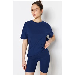 TRENDYOLMİLLA Lacivert %100 Pamuk T-shirt-Biker Tayt Örme Pijama Takımı THMSS20PT0397