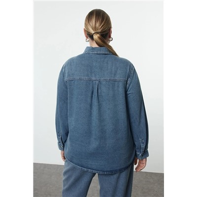 Açık Mavi Taşlı Büyük Beden Denim Gömlek TBBAW25AX00002
