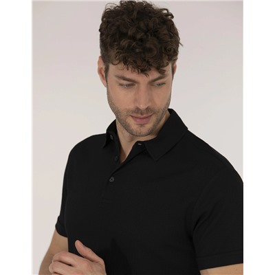 Siyah Slim Fit Dokulu Polo Yaka Tişört