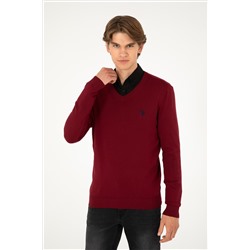 Erkek Slim Fit V Yaka Bordo Basic Kazak