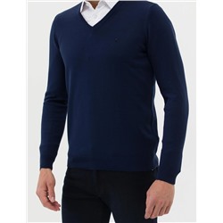 Açık Lacivert Slim Fit V Yaka Basic Triko Kazak