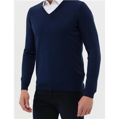 Açık Lacivert Slim Fit V Yaka Basic Triko Kazak