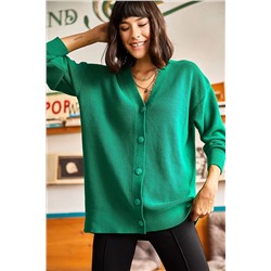 Olalook Kadın Yeşil 5 Düğmeli Yumuşak Dokulu Oversize Triko Hırka HRK-19000116