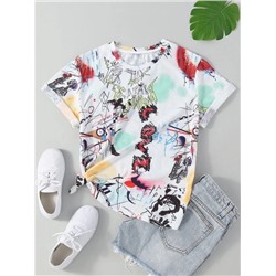 SHEIN EZwear Graffiti Print Round Neck Tee