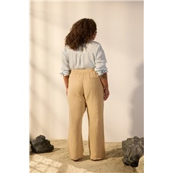Bej %100 Keten Dokuma Büyük Beden Geniş Paça Pantolon TBBSS25AR00043