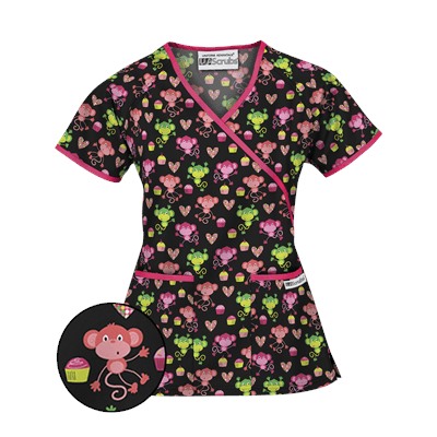 UA Sweet Monkey Black Mock Wrap Scrub Top