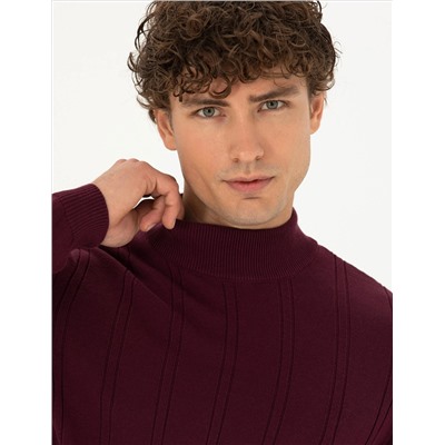 Bordo Slim Fit Yarım Balıkçı Yaka Triko Kazak