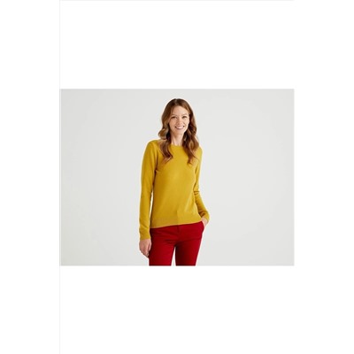 United Colors of Benetton Benetton Kadın Sarı Yeşil Bisiklet Yaka Merino Kazak 122A1002D1K01-32W