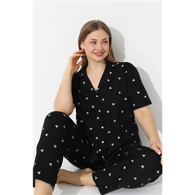 Siyah İnci Siyah Kalp Desenli Curve Büyük Beden Battal Boy Kısa Kollu Düğmeli Pamuklu Pijama Takımı 7615