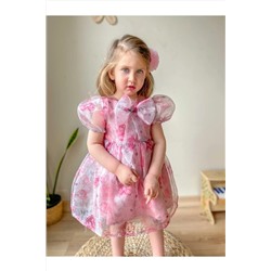 Little Honey Bunnies Pembe Balon Kol Fiyonklu Kısa Kol Kız Çocuk Organze Elbise T4920