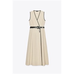 BELTED LINEN BLEND MIDI DRESS