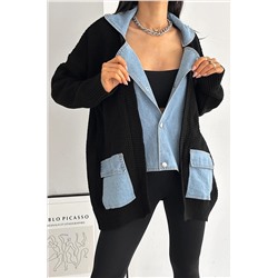 FEMELLE Kadın Siyah Standart Beden Çıtçıt Düğmeli Çift Cepli Kot Denim Detaylı Tasarım Oversize Triko Hırka tvst98