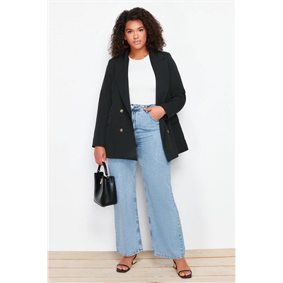 Siyah Oversize/Bol Kesim Astarlı Kruvaze Kapama Dokuma Blazer Ceket TBBSS24AG00002