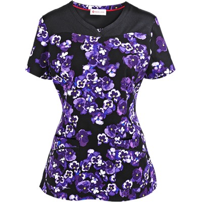 White Cross Scrubs Panzy Noir Print Top