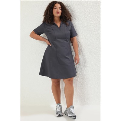Antrasit Gabardin Dokuma Mini Büyük Beden Elbise TBBSS25AH00205