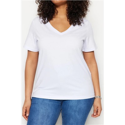 Beyaz V Yaka Basic %100 Pamuk Örme T-Shirt TBBSS22BF0028