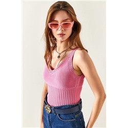 Olalook, Kadın Şeker Pembe Bel Detaylı Askılı Triko Bluz BLZ-19001789