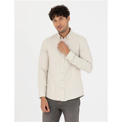 Bej Slim Fit Uzun Kollu Gömlek