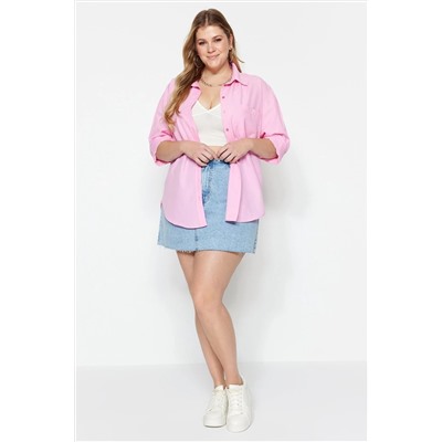 Pudra Loose Fit Pamuklu Uzun Kol Büyük Beden Dokuma Gömlek TBBSS22GO0323