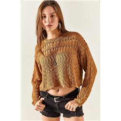 Olalook Kadın Bisküvi Üstü Delikli Ajurlu Crop Triko Bluz BLZ-19002328