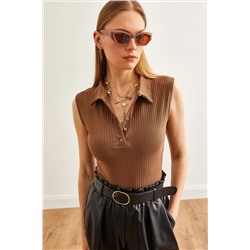 Olalook Kadın Acı Kahve Polo Yaka Düğmeli Altı Çıtçıtlı Bodysuit BDY-00000049
